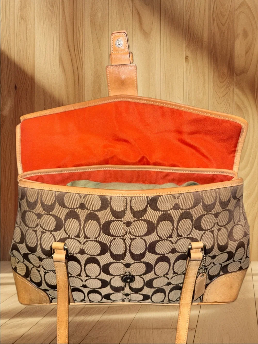 Coach Brown Signature Canvas Shoulder Bag with Tan Leather Trim